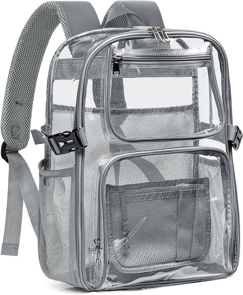 Flowston Large Clear Backpack Grey Reflective See Through School Travel Bag New
